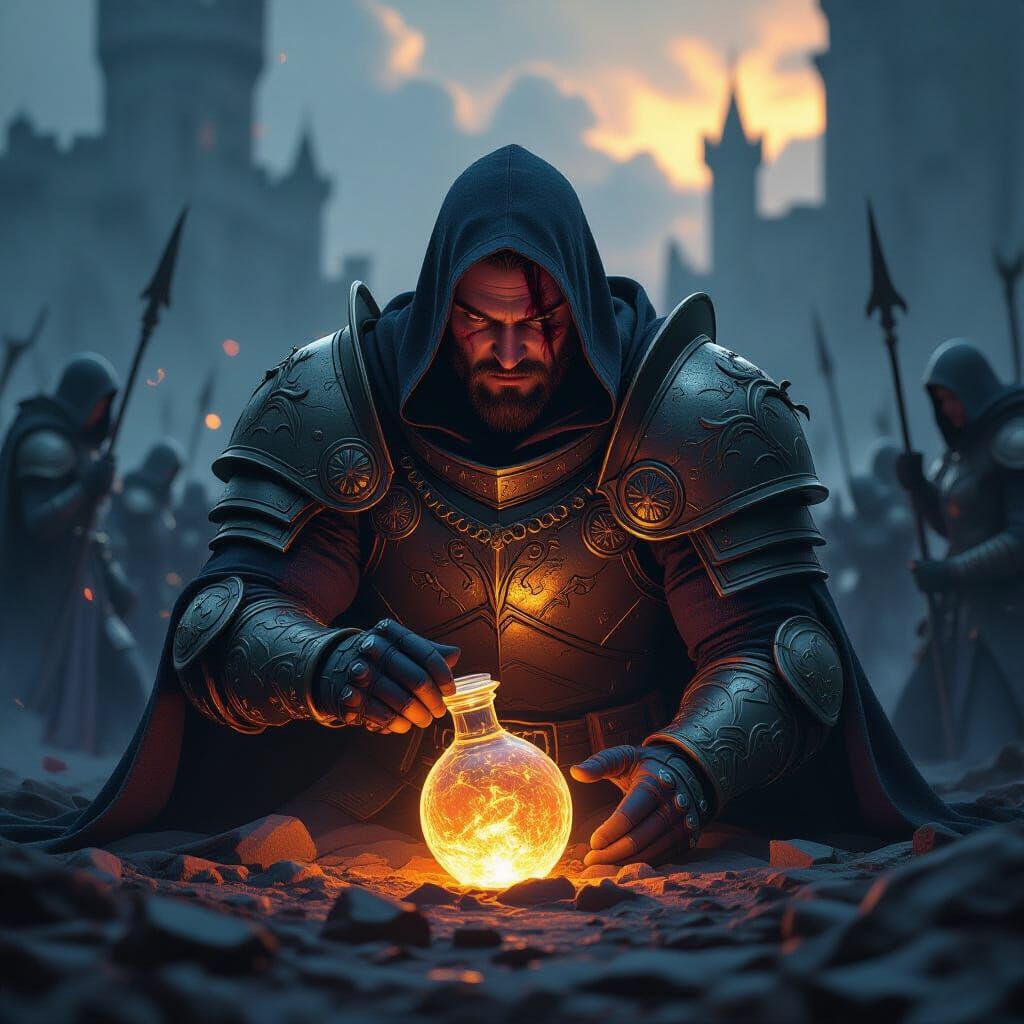 Injured Paladin Drinks Healing Potion on Dark Battlefield