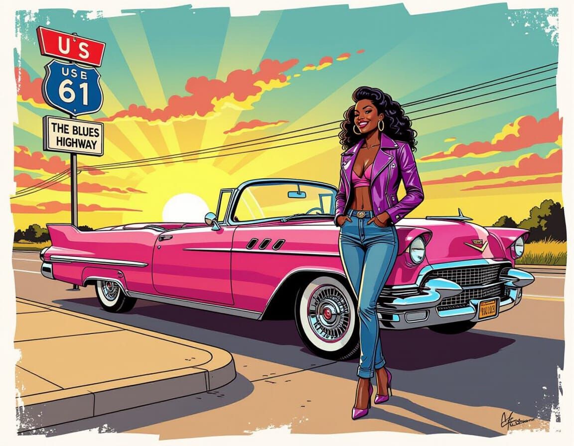 Woman on the Blues Highway in Pink Cadillac