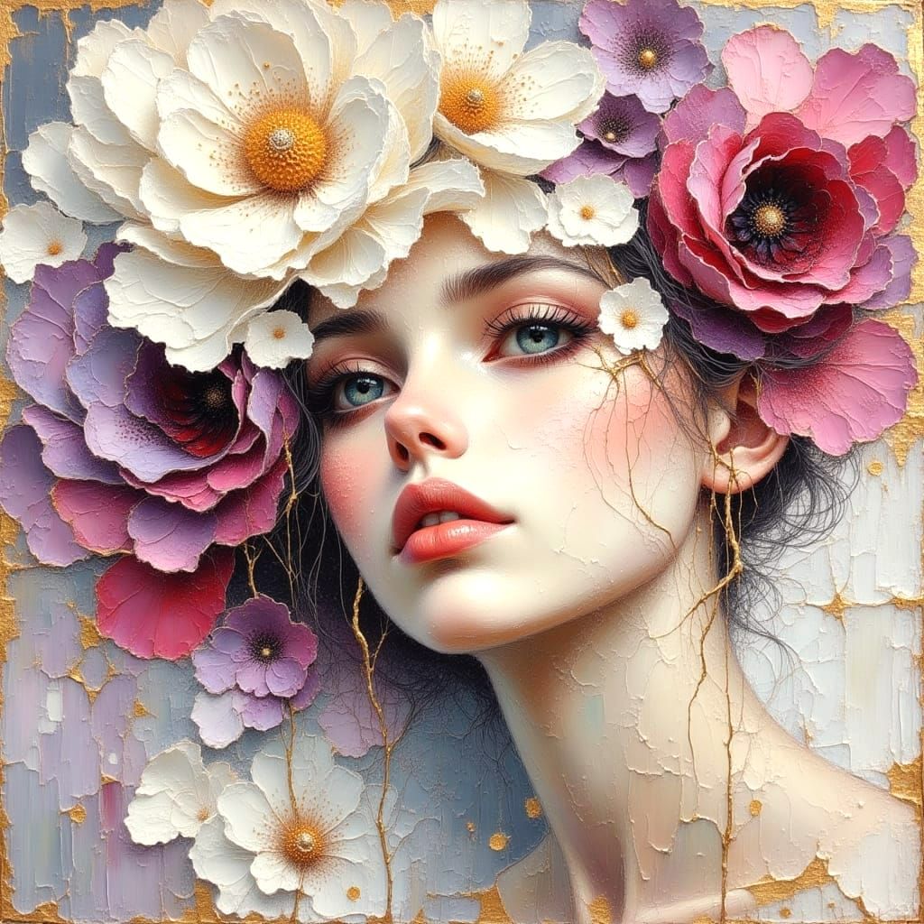 Crinkled Metallic Portrait in Impressionistic Oil Painting S...