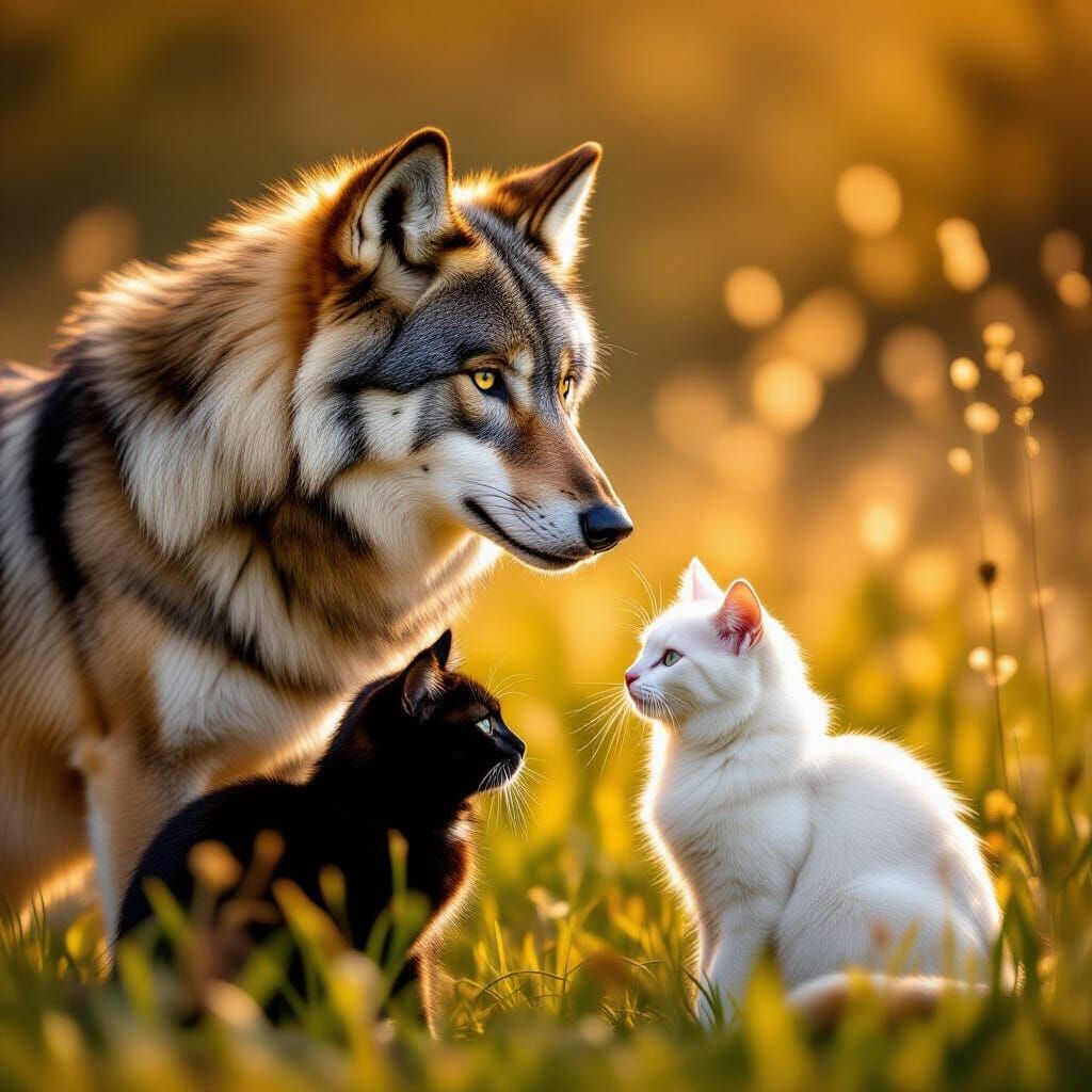 Wolf Guards Cats in Sun-Dappled Meadow