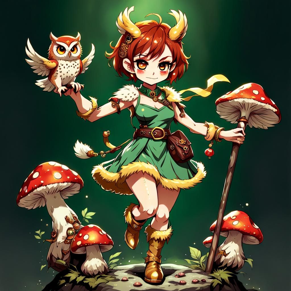 Anime Halfling Druid with Owl Staff and Red Hair