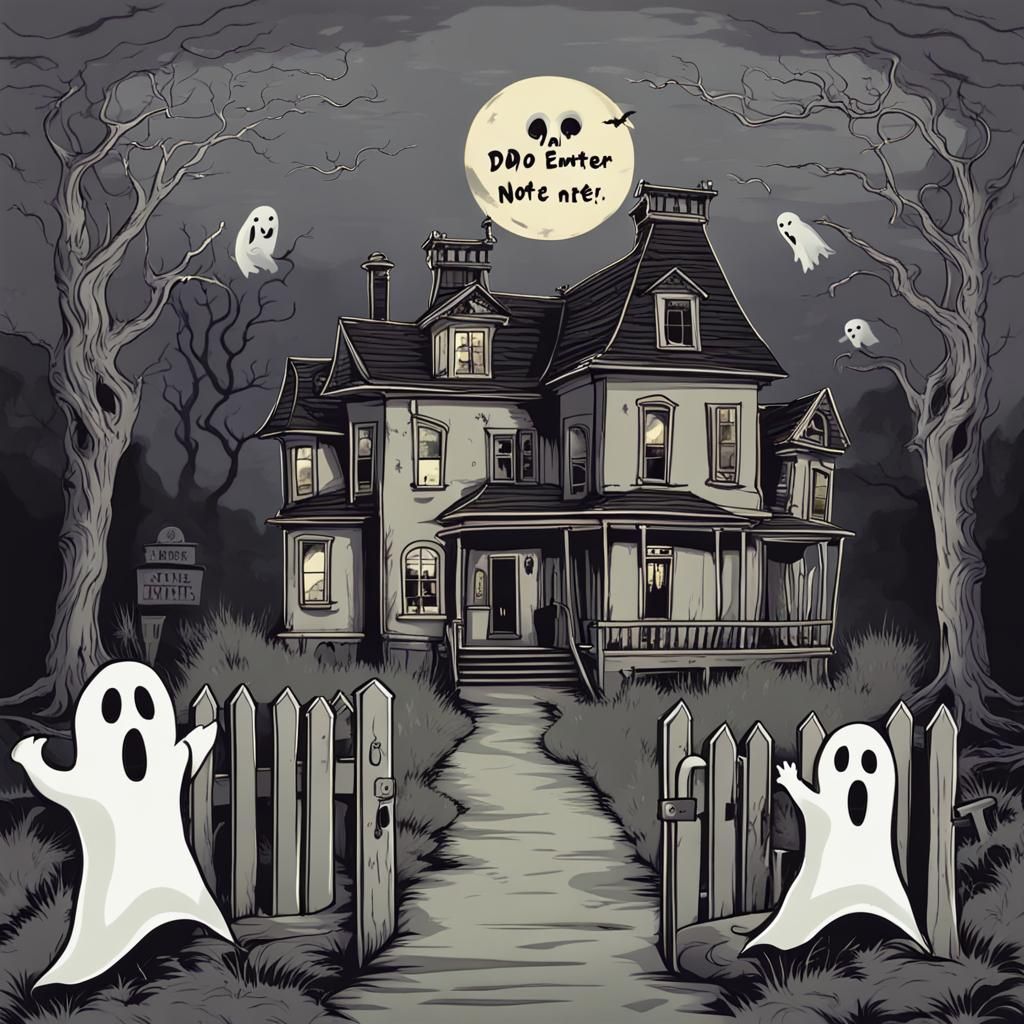 Eerie Haunted House Landscape with Ghosts