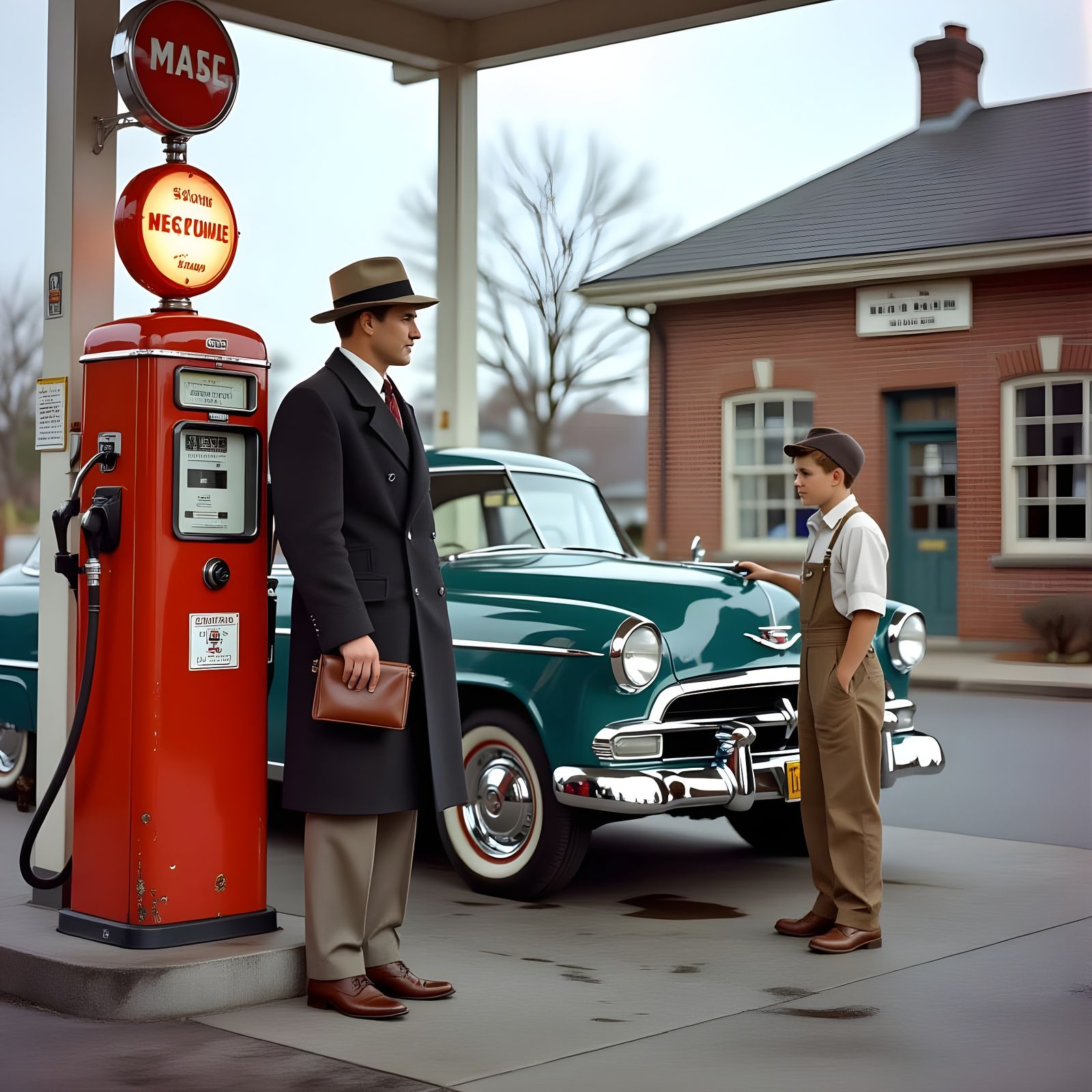 Dashing Gentleman at Petrol Station in Kodachrome Style