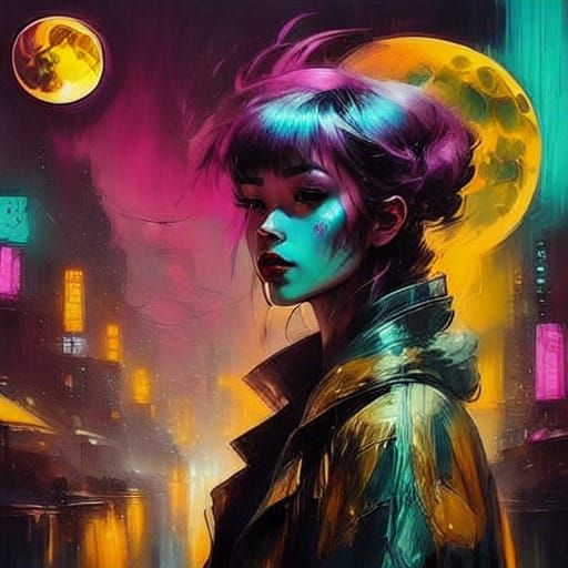 Portrait: young woman wearing futuristic clothing in a neon-infused world with two moons.