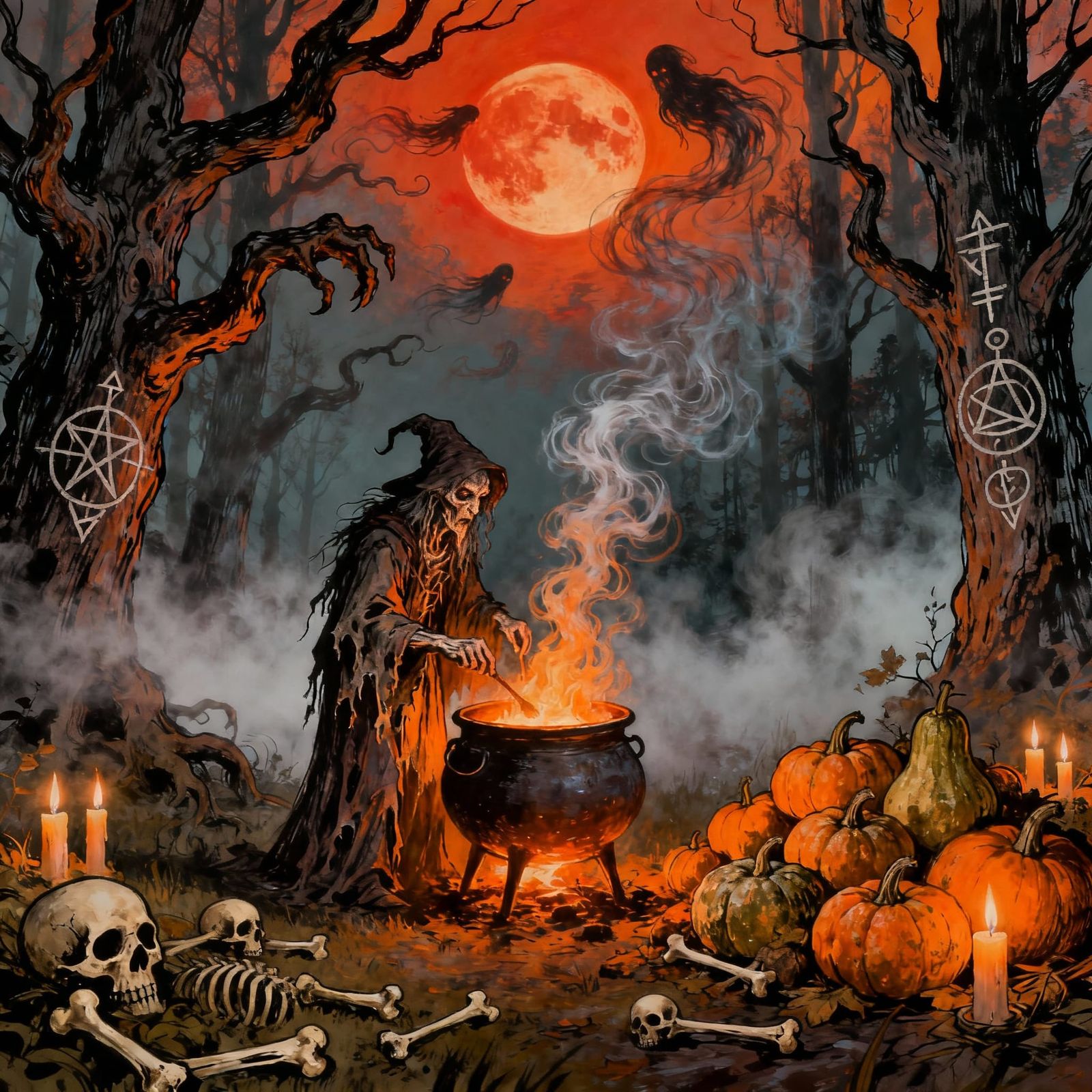 Expressionist Forest Clearing with Witch Under Blood Moon