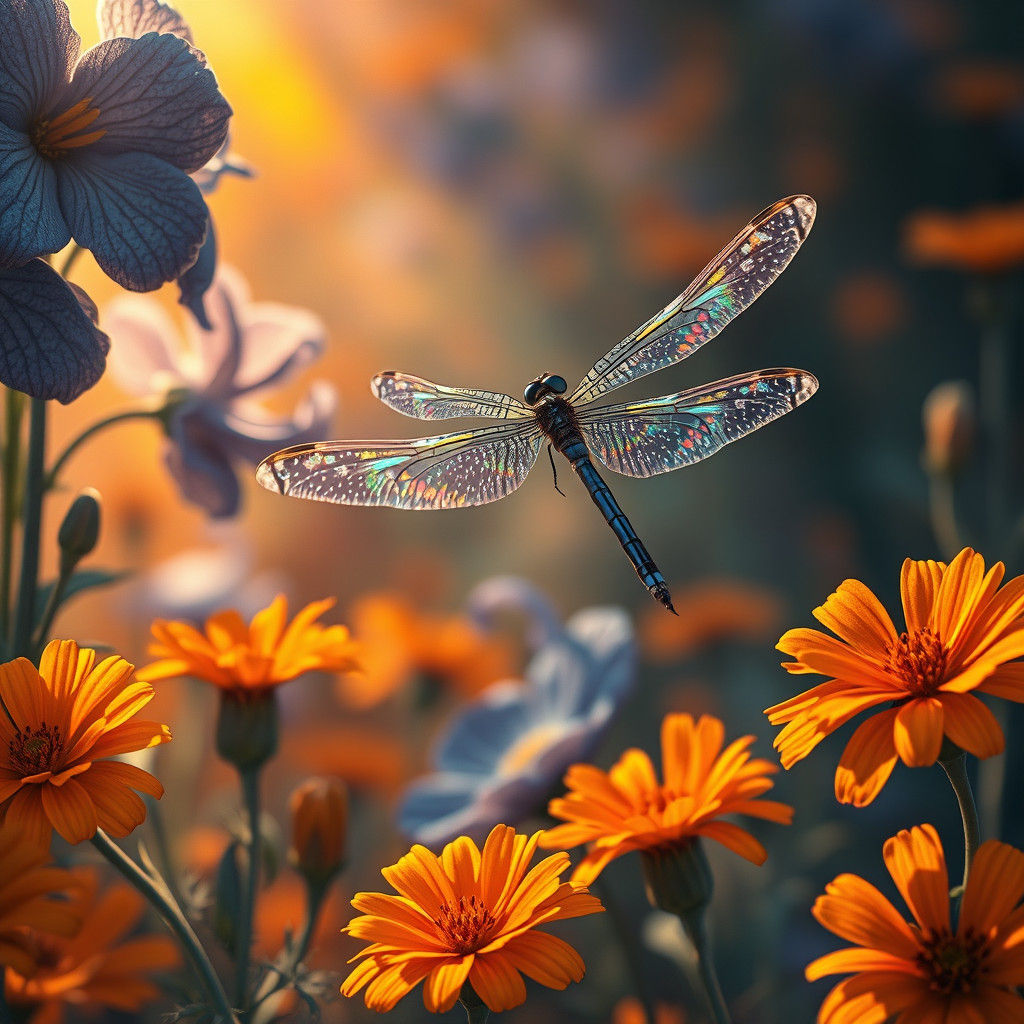 Iridescent Dragonfly in Dreamlike Surrealist Floral Scene