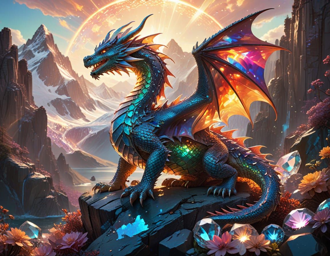 Crystal Dragon on Gem Mountain, Hyperrealistic Digital Art