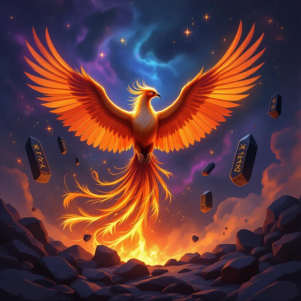 Majestic Phoenix Rises from Celestial Forge in Fantasy Art S...