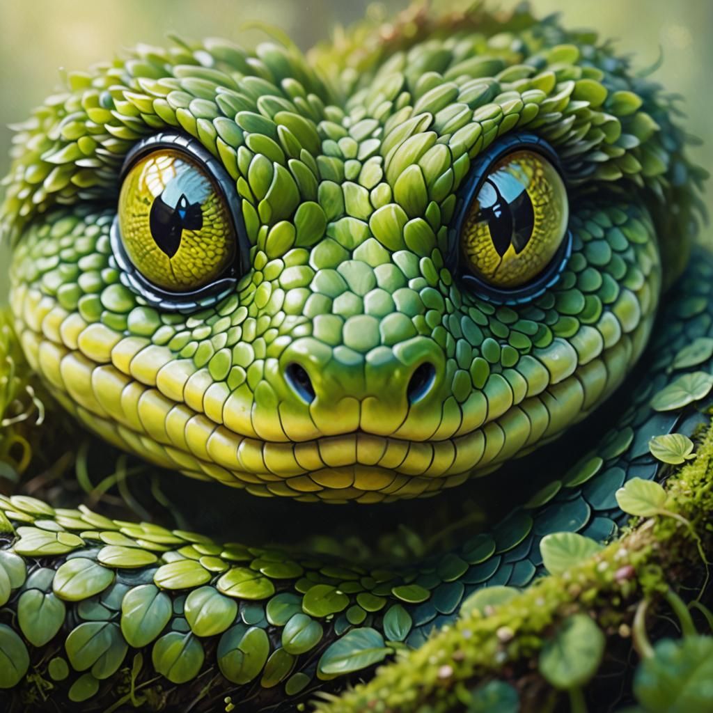 Fuzzy Green Moss Snake in Oil Painting Style