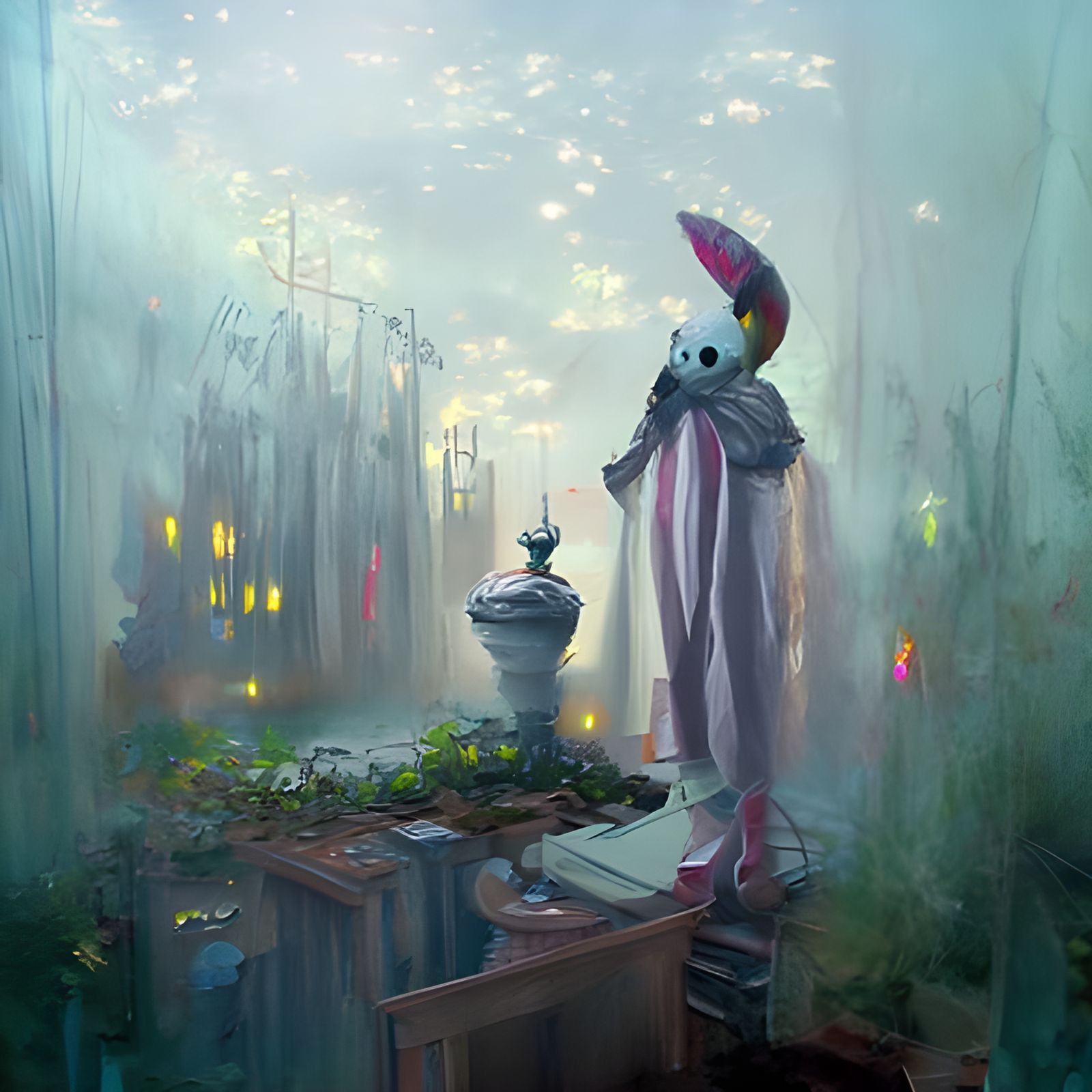Jester in Mystical Courtyard: Oil Painting Style