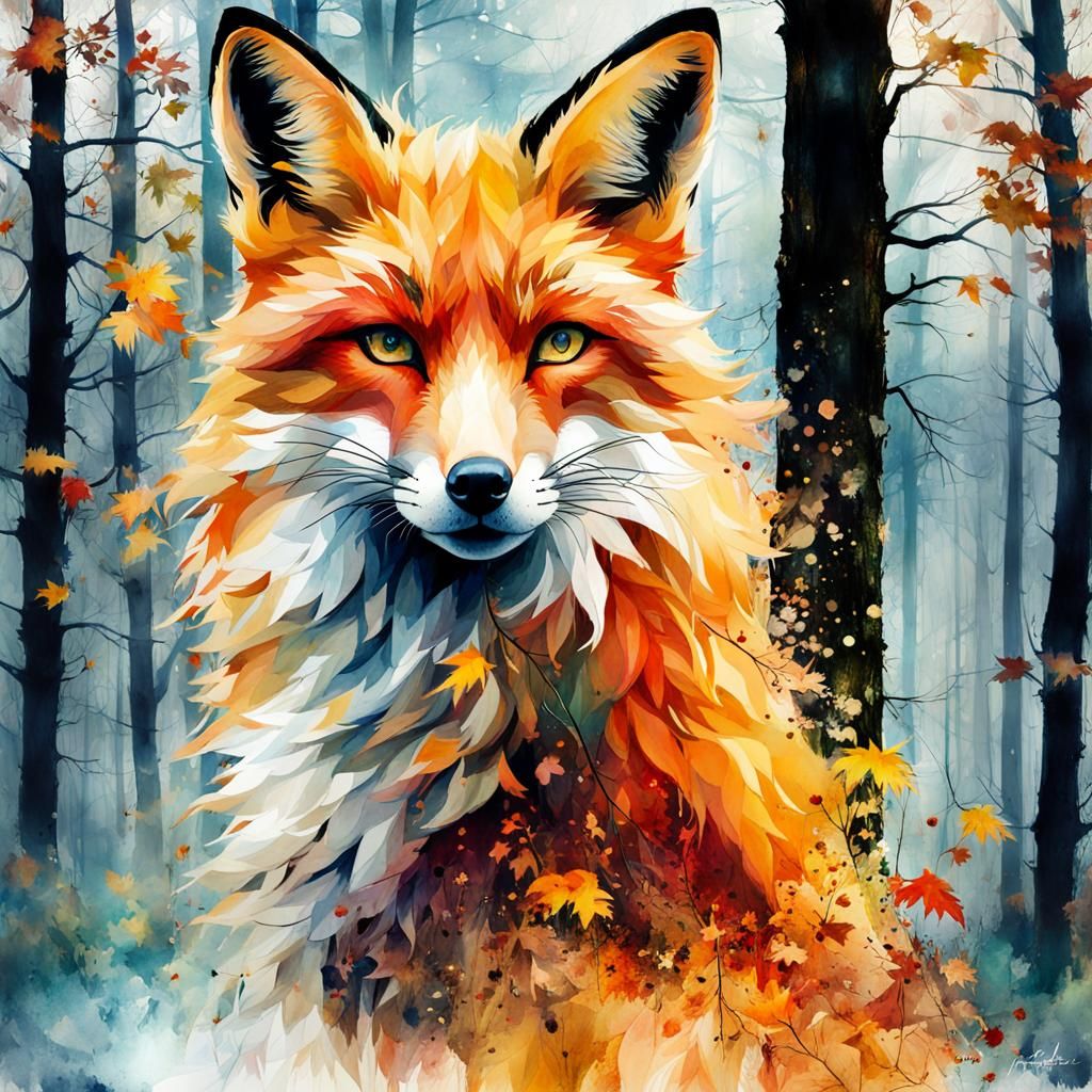 Watercolor Fox in Autumn Forest Double Exposure