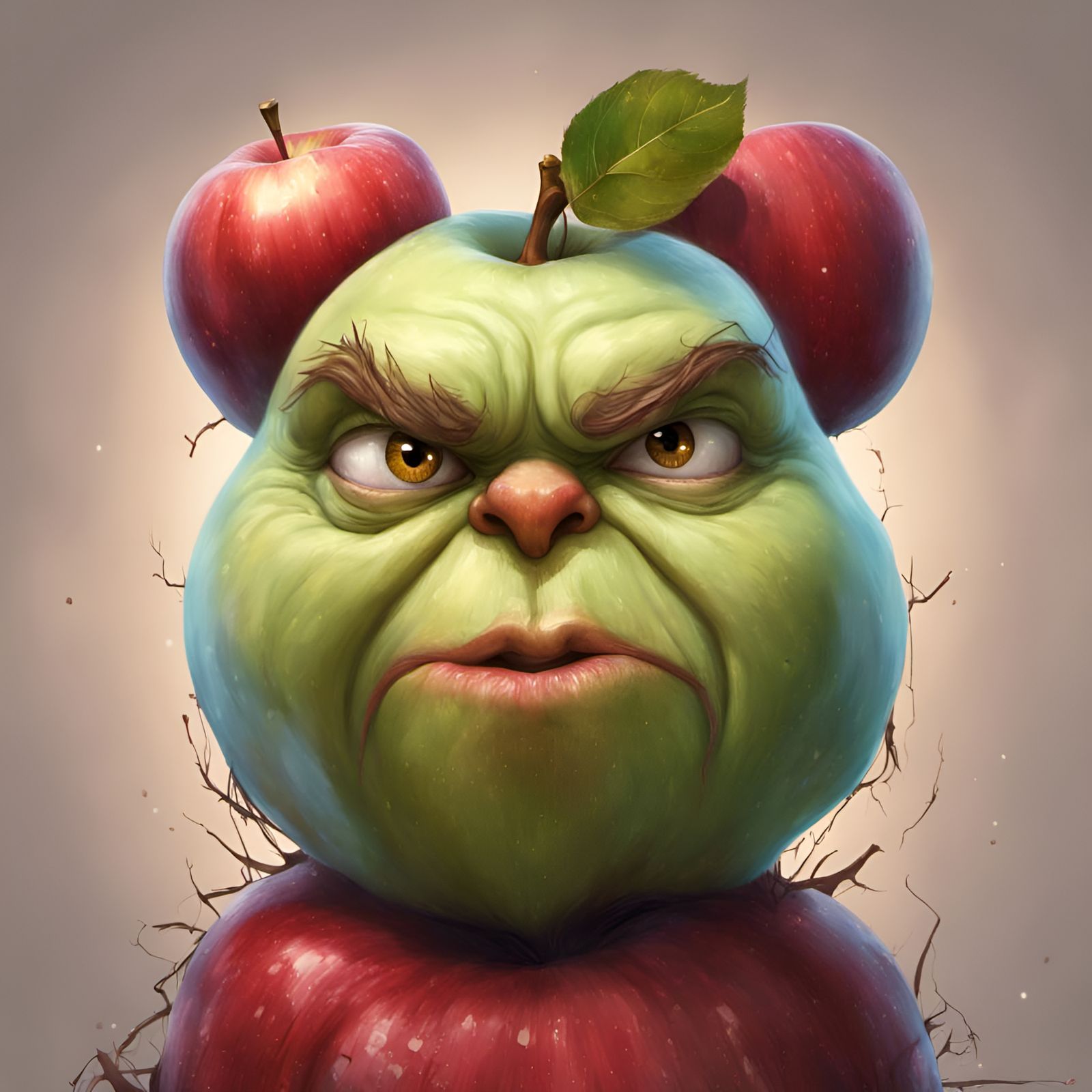 Grumpy Apple Portrait in Digital Illustration Style