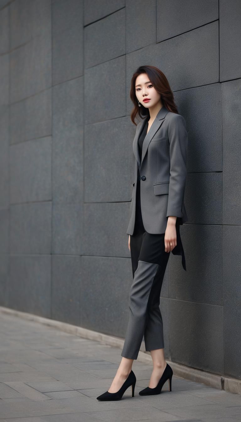Korean Lady in Black Suit: Close-Up Professional Photo