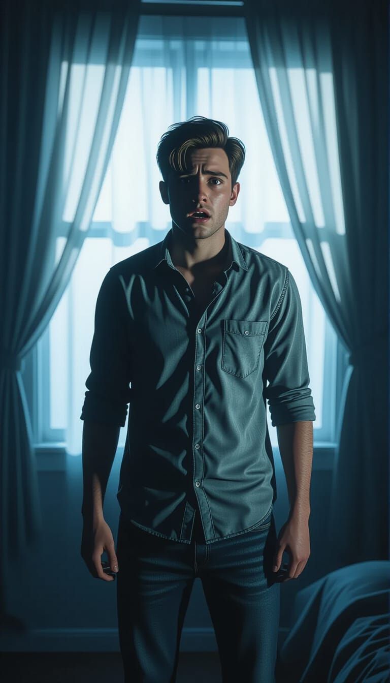 Terrified Man in Dark Bedroom, Eerie Shadows, Cinematic Horr...