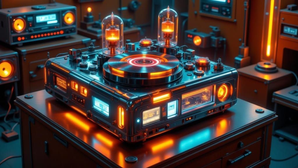 Retro-Futuristic 8-Track Player with Glowing Tubes