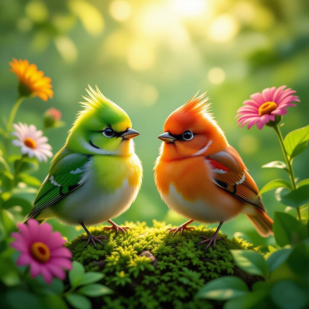 Zwei bezaubernde Vögel genießen das zweisamkeit im sonnige Blütenmeer – ein wahrhaft idyllischer Anblick der Natur.