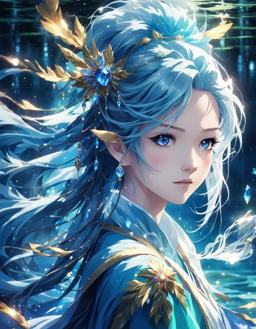 Anime Water Spirit Portrait in Cel-Shading Style