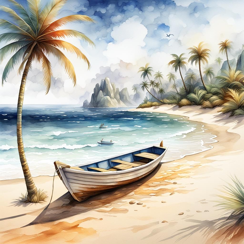 Paradise Beach Illustration in Watercolor and Ink