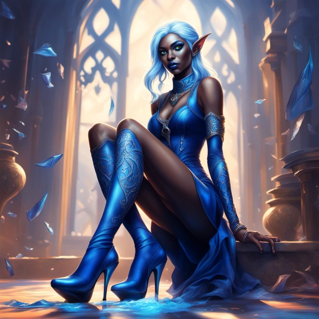 Beautiful Drow Elf Girl in Blue Stockings and High Heels