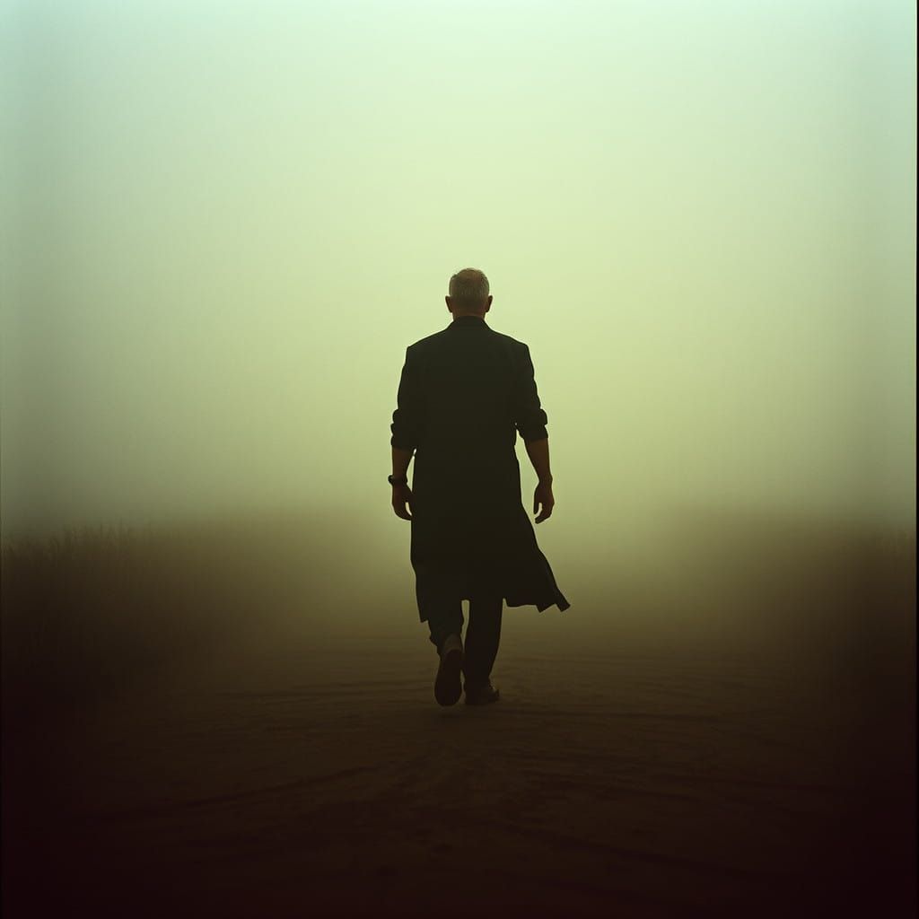 Figure Fades into Misty Distance, Cinematic Film Still