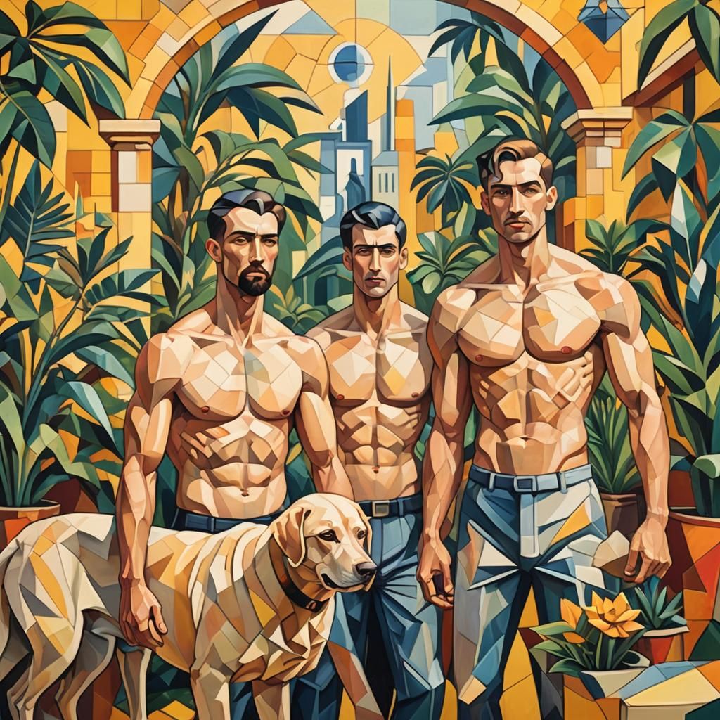 Shirtless Men and Labradors in Geometric Fauvism