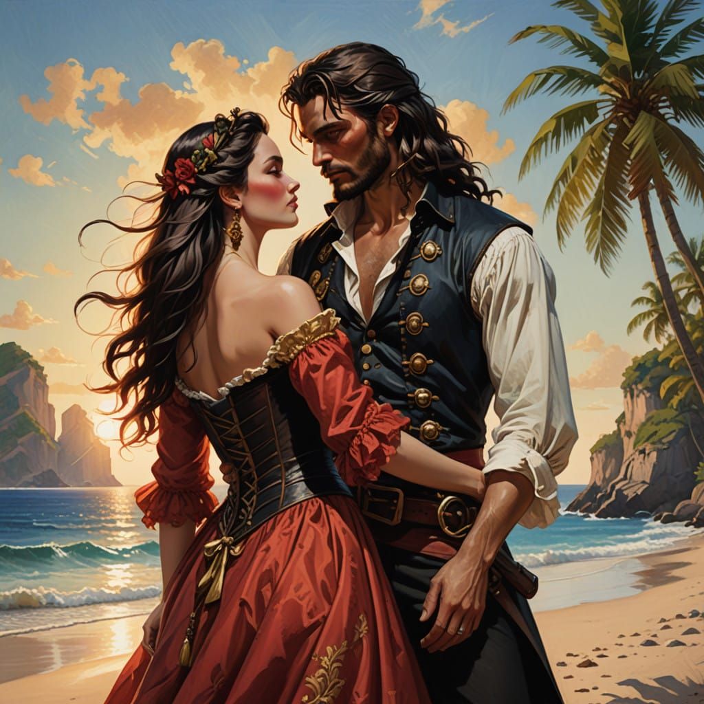 Romantic Pirate Couple on a Tropical Beach