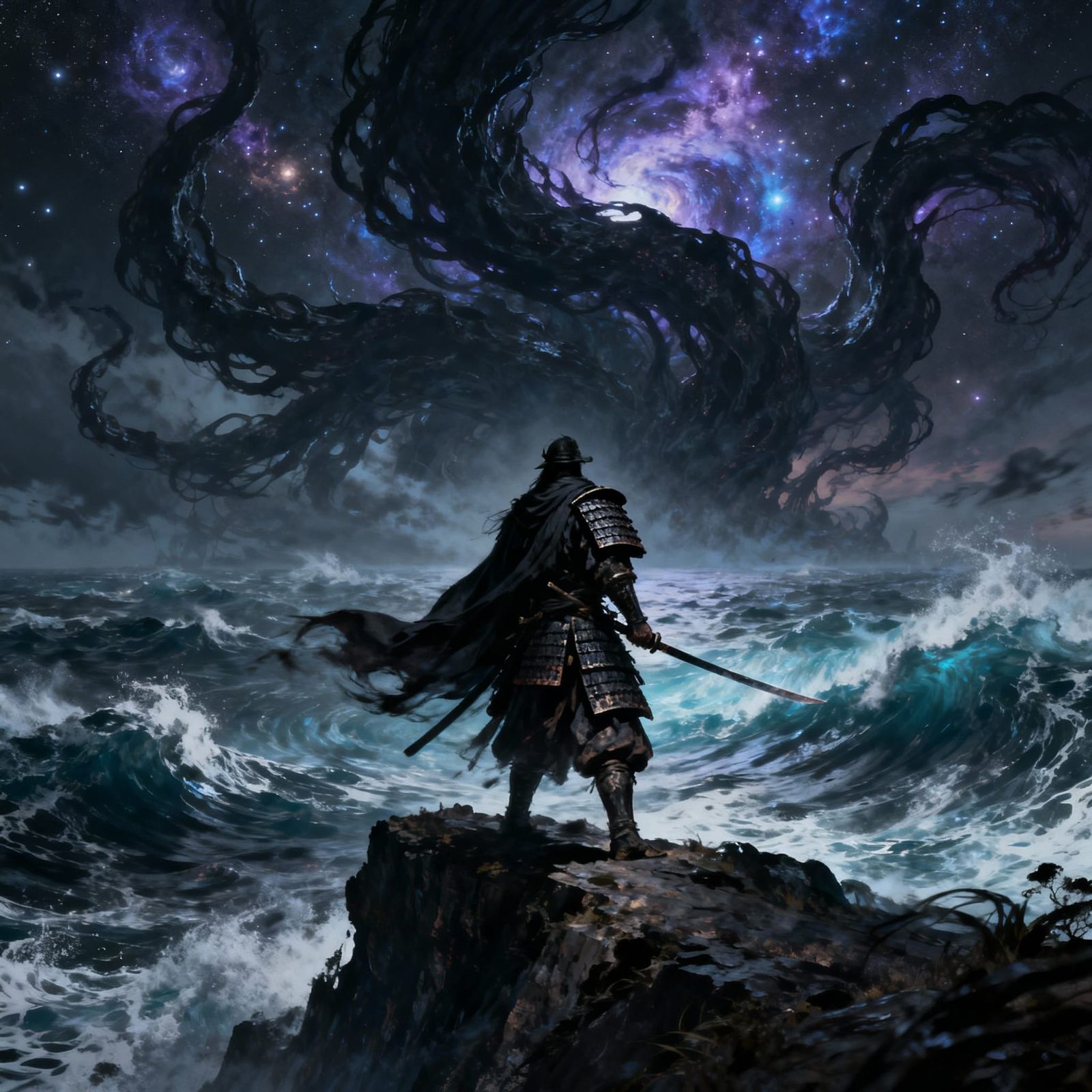 Samurai Warrior Overlooking Cosmic Sea in Dark Whimsical Sty...