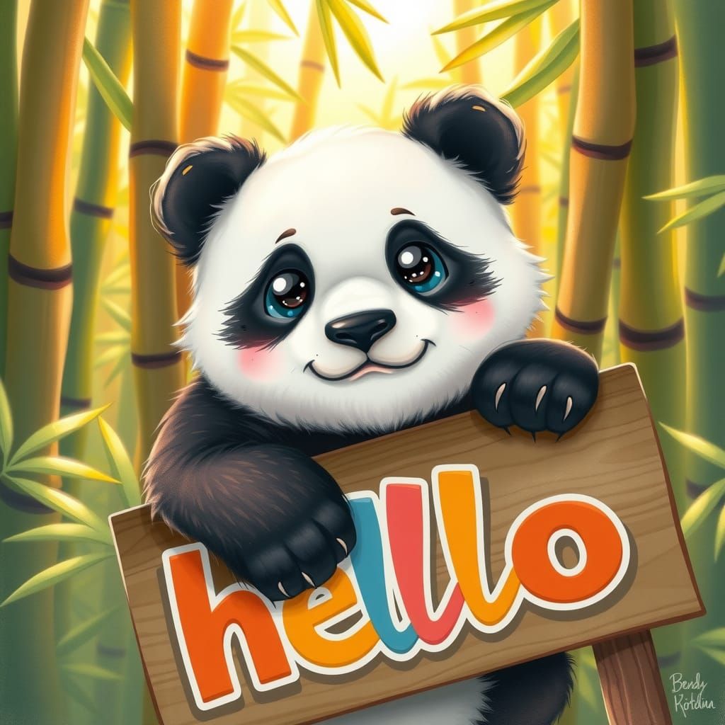 Panda Cub Hugging Hello Sign in Whimsical Style