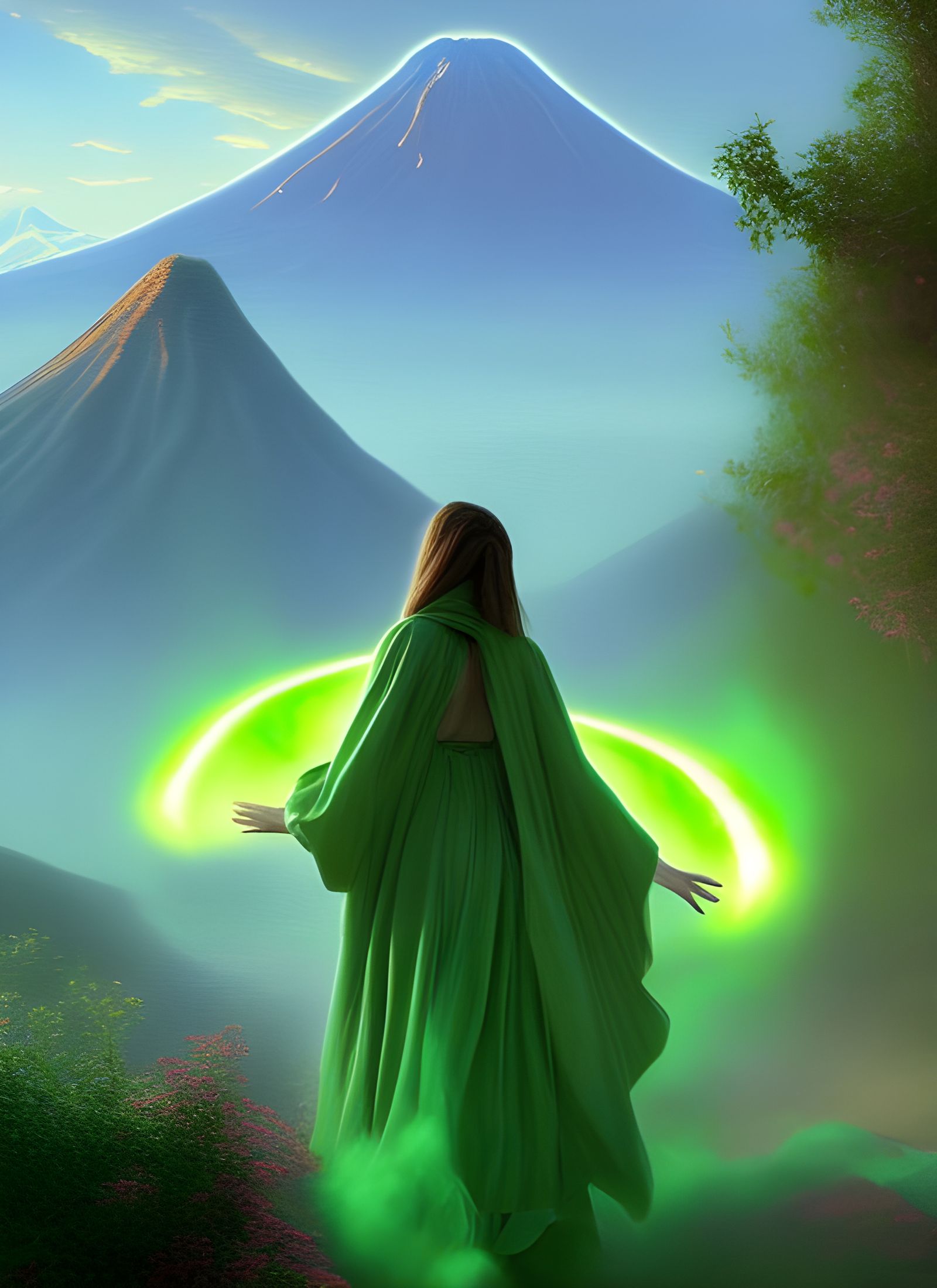 Fleeing Woman and Volcano: Fantasy Art Nouveau