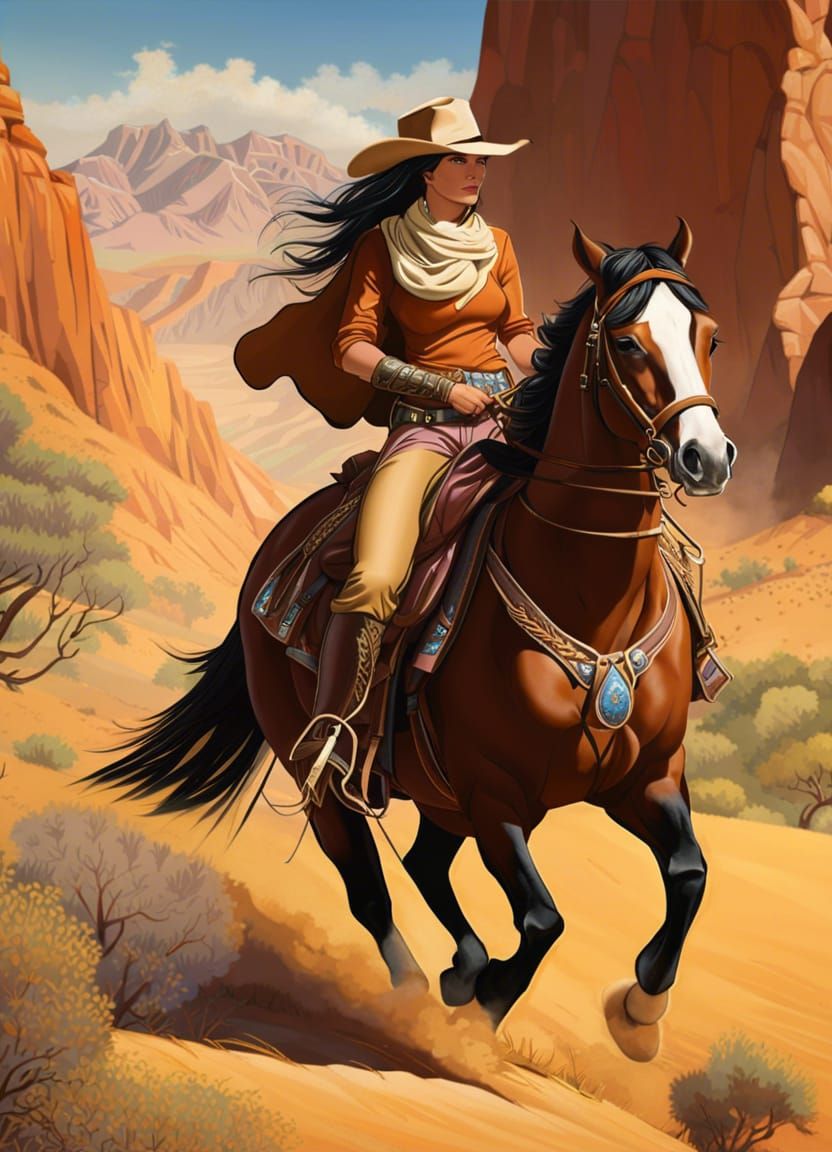Cowgirl riding horseback in the desert searching for her quest!