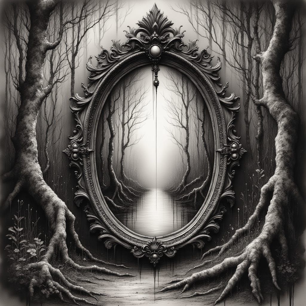 <lora:Ink Poet:1.0> Dark ornate mirror,