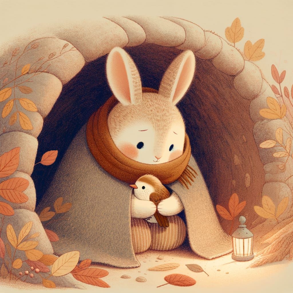 Bunny Warms Bird in Cozy Burrow, Storybook Style