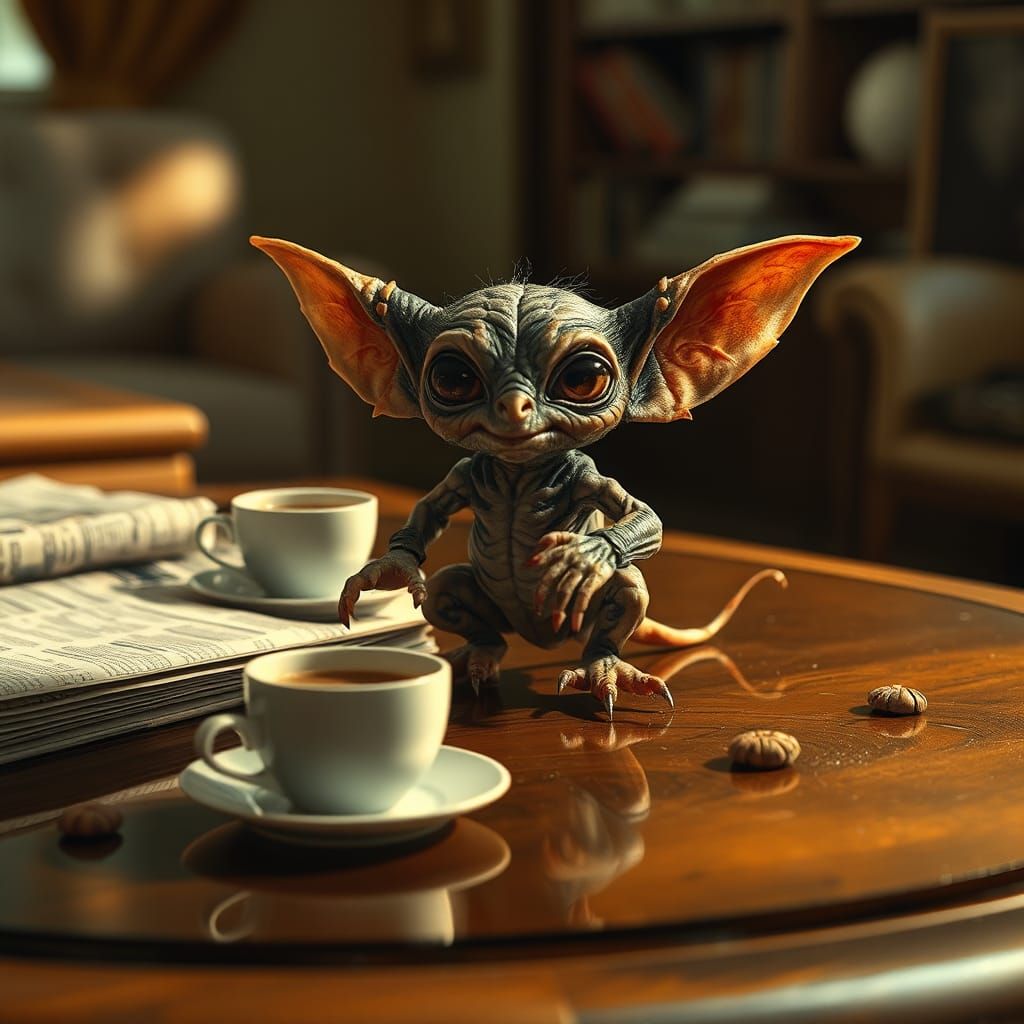 coffee table tiny, microscopic gremlin pet, intricate leathery