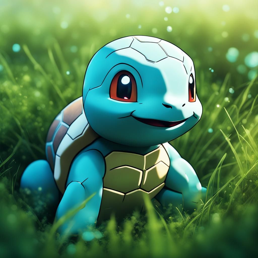 Hyperrealistic Squirtle in Grassy Field: Splash Art