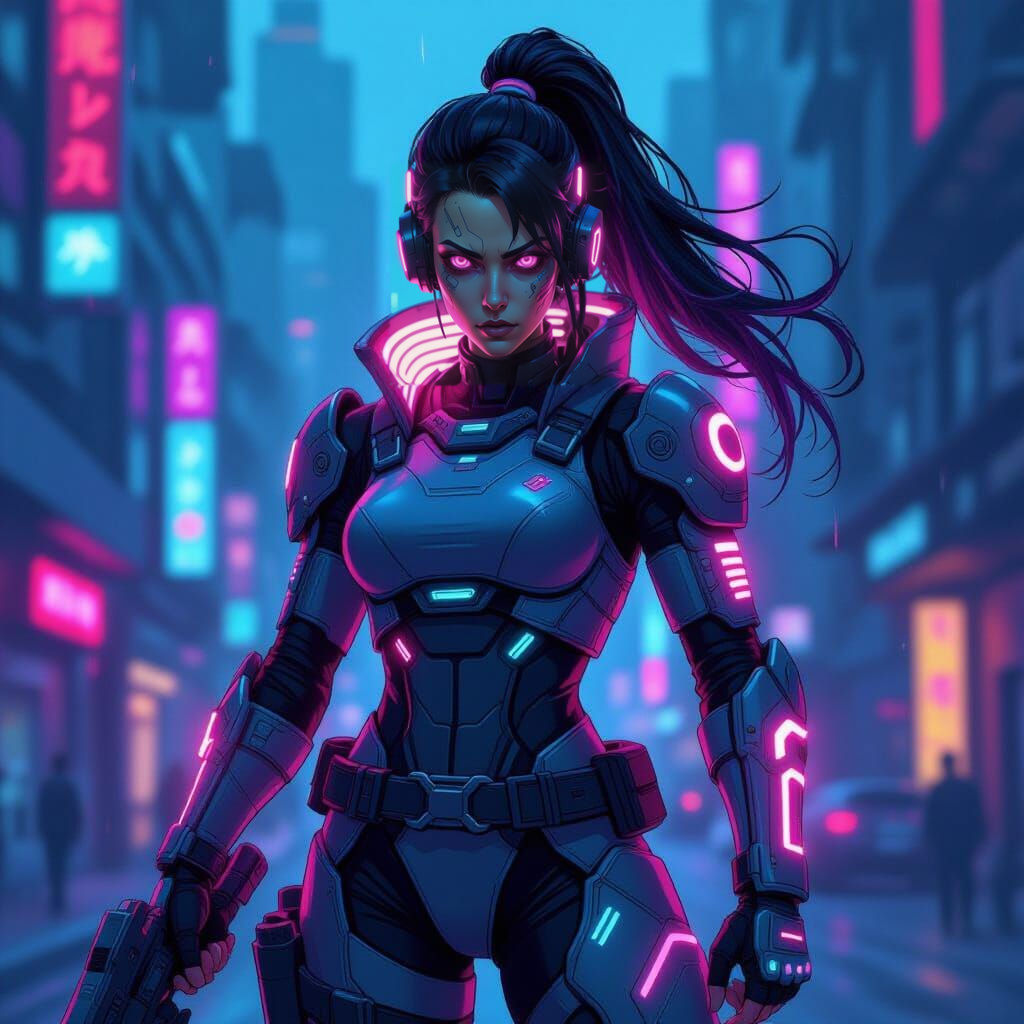 Futuristic Cyberpunk Warrior in Cartoon Style