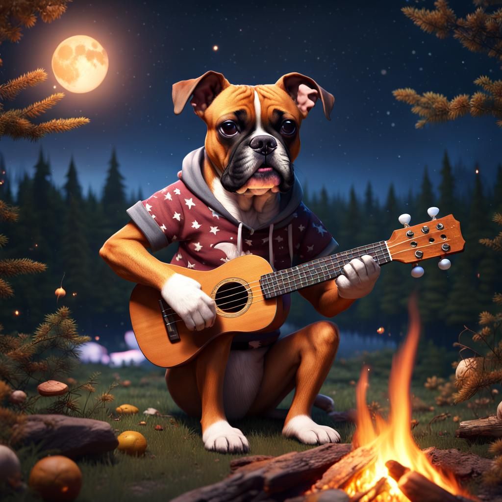 Boxer Dog Plays Ukulele by Campfire