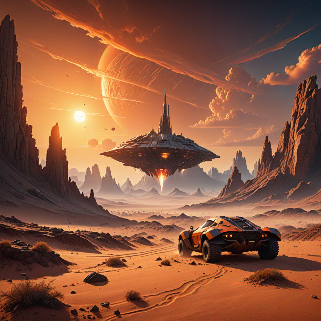 Crashed Spaceship on Desert Planet in Binary Sunset