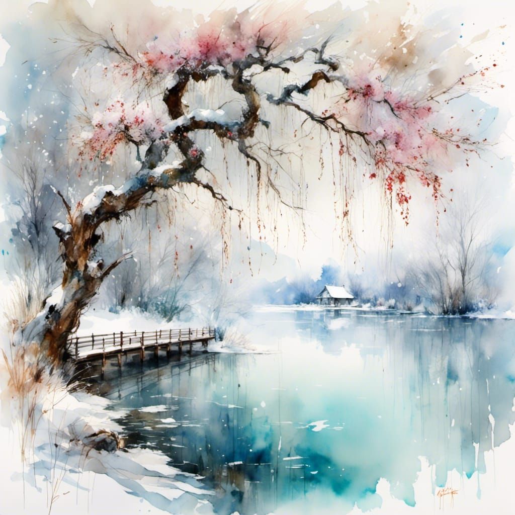 Winter Lake with Snow-Covered Cherry Tree, Pastel Style