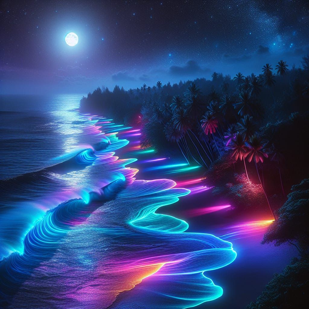 Neon Waves on a Moonlit Tropical Beach