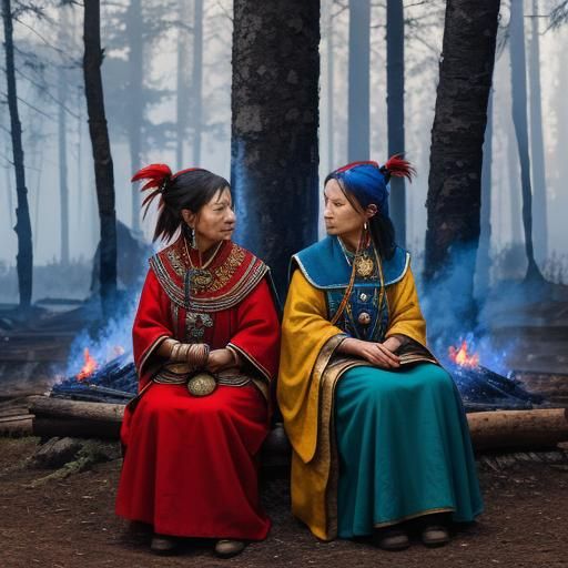 Two Shamans at Forest Fire in Red and Gold