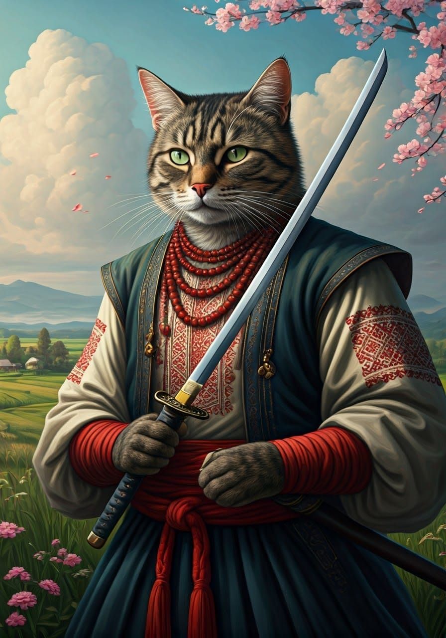 Elegant Samurai Feline in Ukrainian Attire