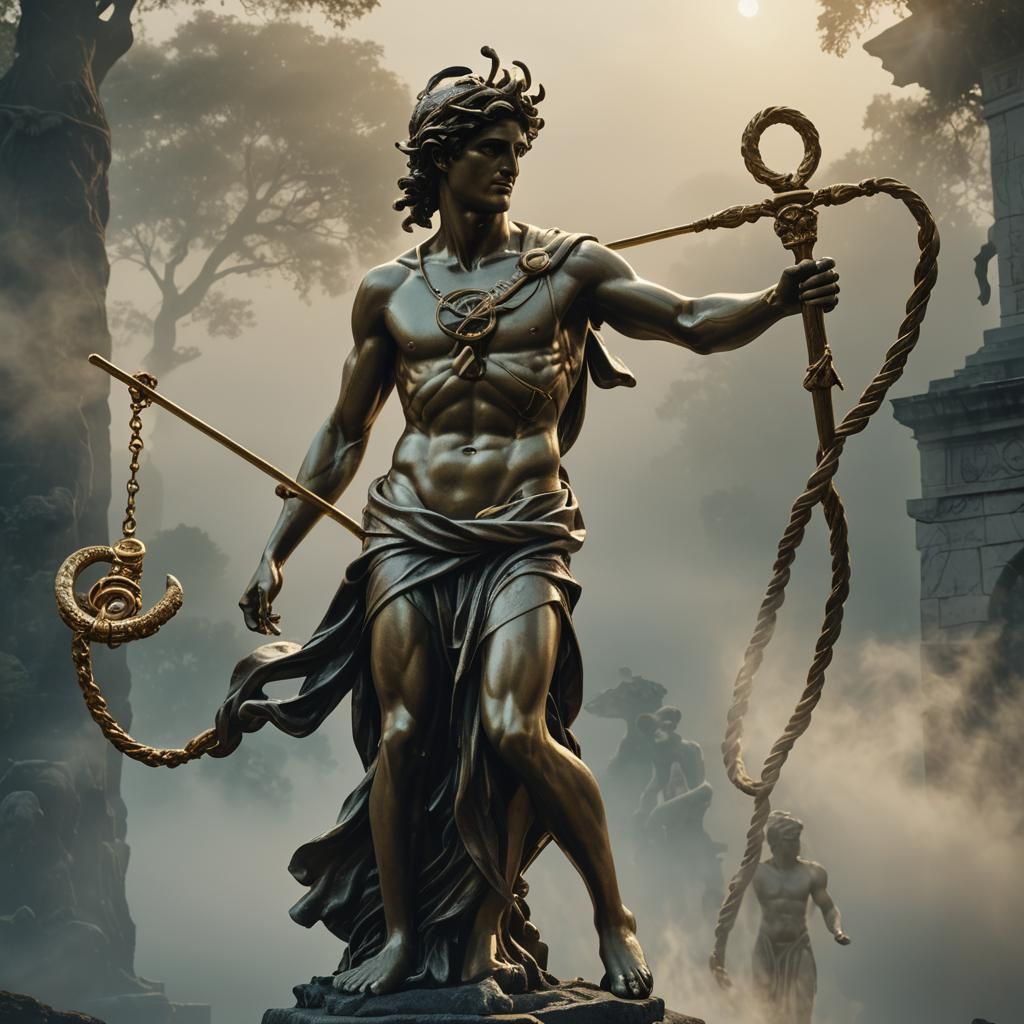 Hermes Spins Rod of Asclepius in Misty Scene