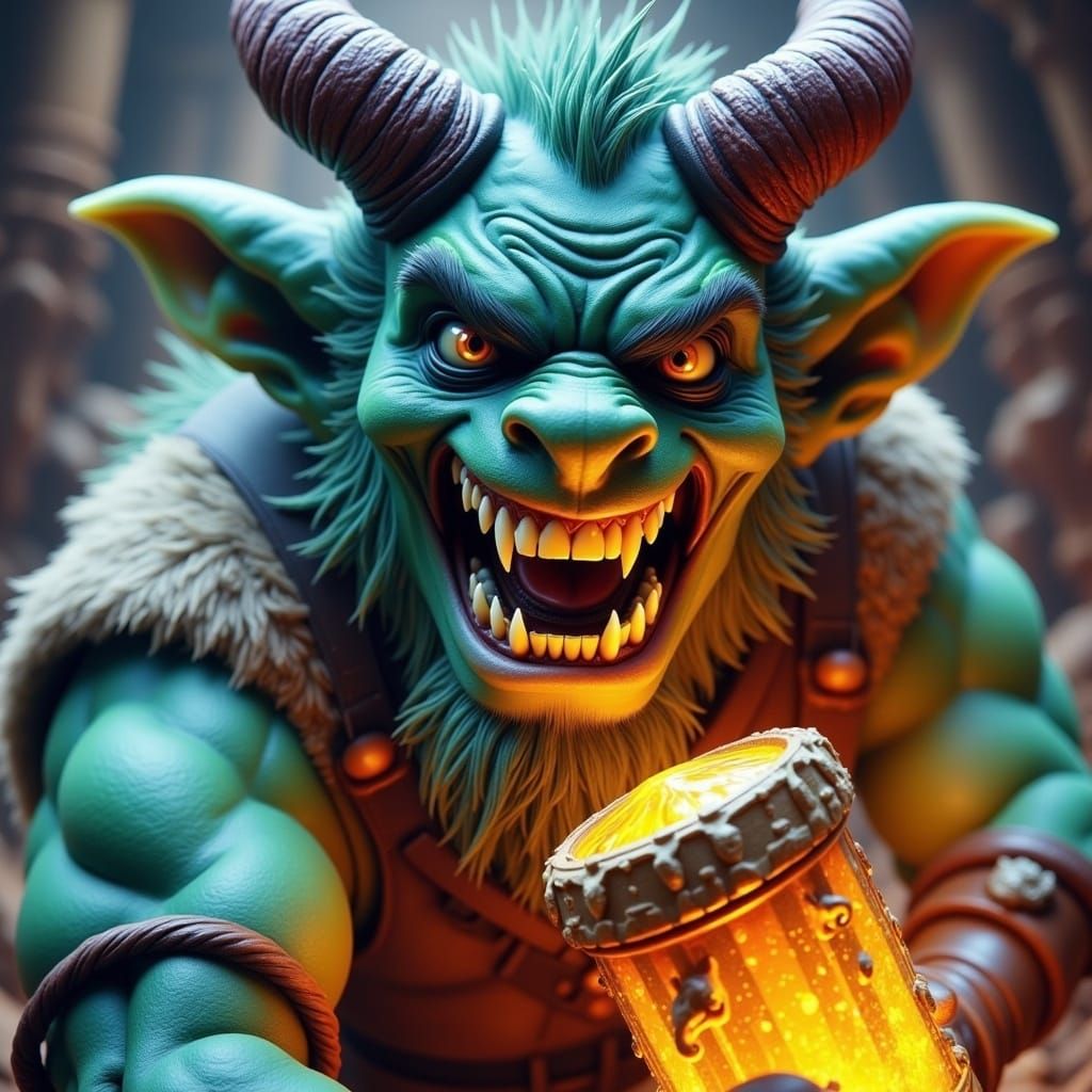 Fierce Dokkaebi Goblin with Golden Club Cartoon