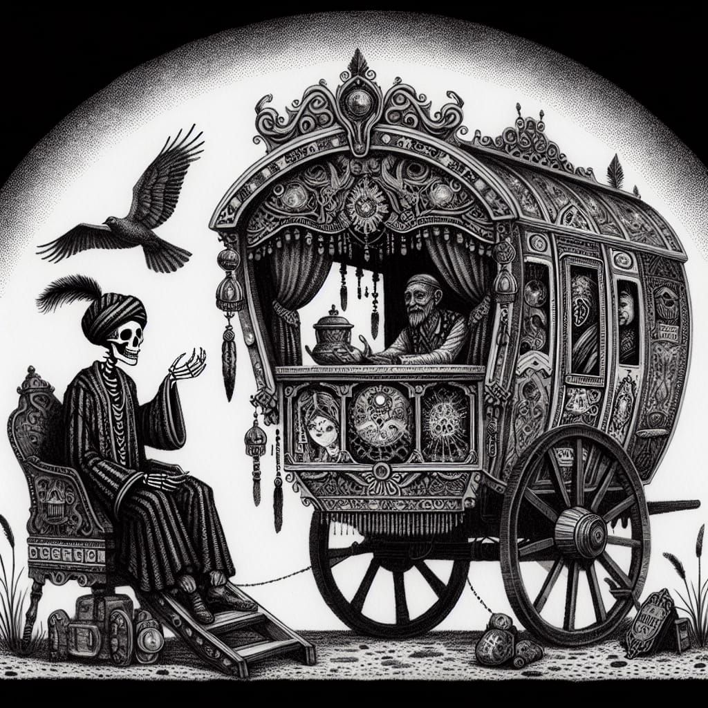Dark Fantasy Fortune Teller in Gypsy Caravan