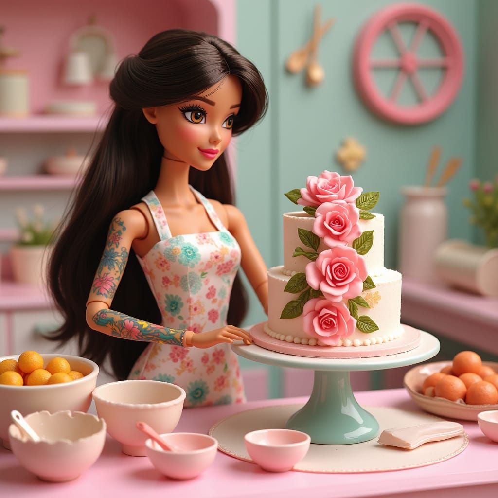 Vibrant Pastel Bakery Scene with Tattooed Barbie Baker