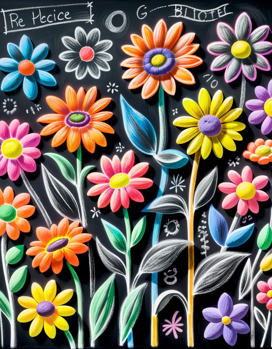 Chalkboard Flowers: A Colorful, Detailed Charcoal Drawing