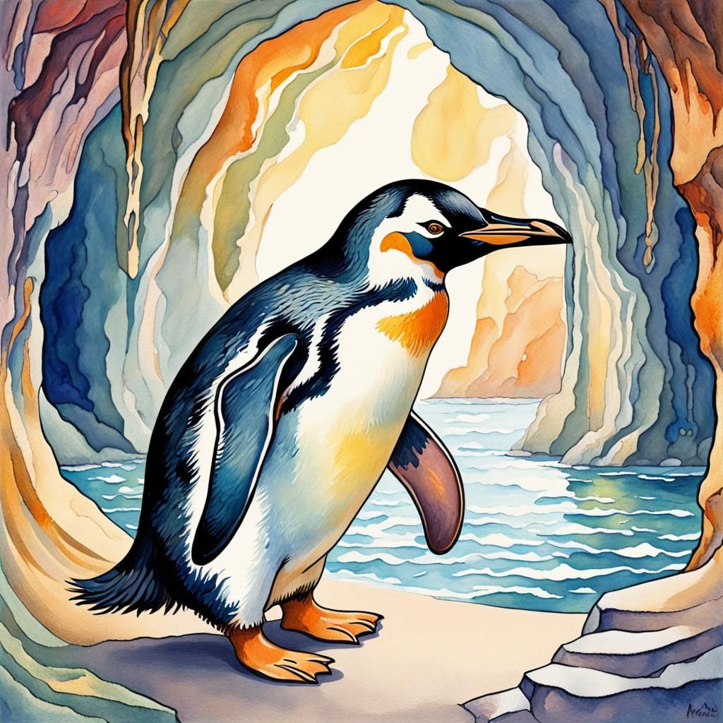 Penguin Christmas in Art Nouveau Gouache Style