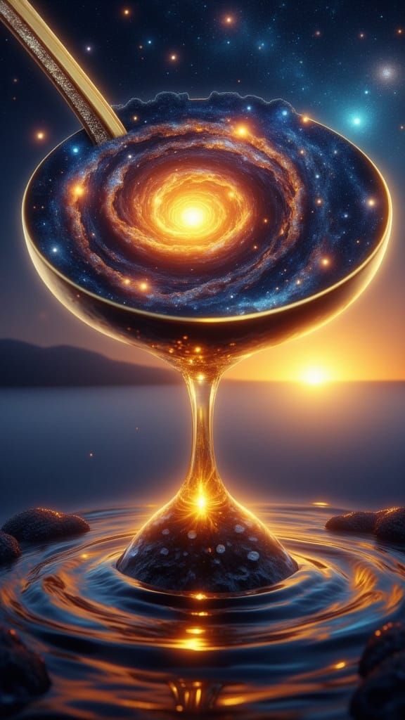 Cosmic Spoon Pouring Galaxy Water into Bowl