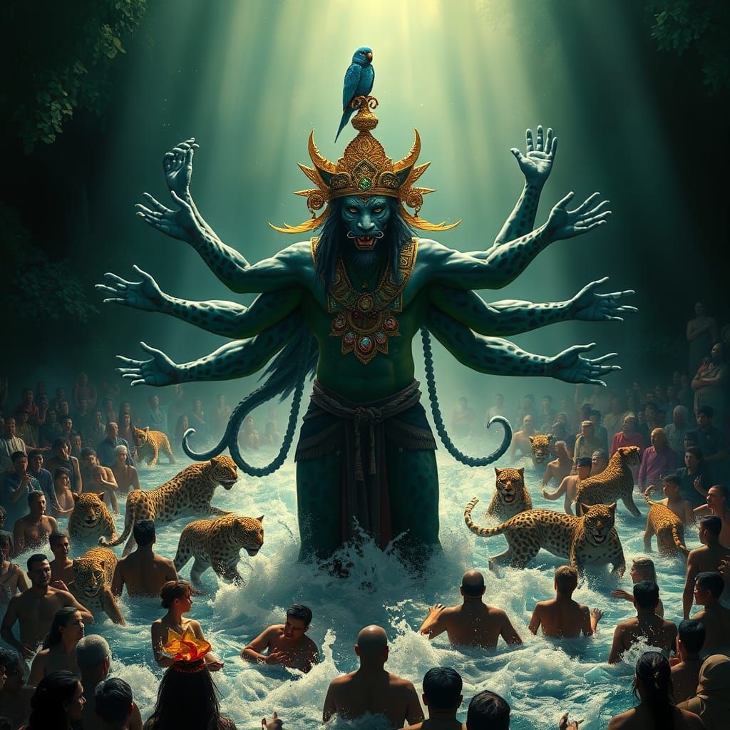 Leopard Shaman in Great Flood: Surrealist Dreamscape