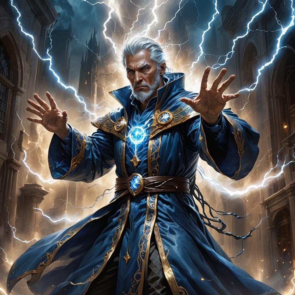 Fantasy Wizard Casting Lightning Bolts, Digital Art